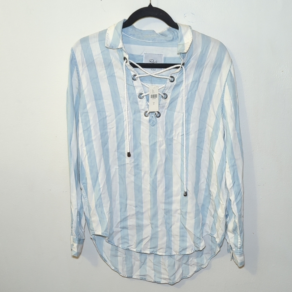 Rails Uli Block Stripe Popover Blouse Light Blue + White Coastal Chic NEW Size S